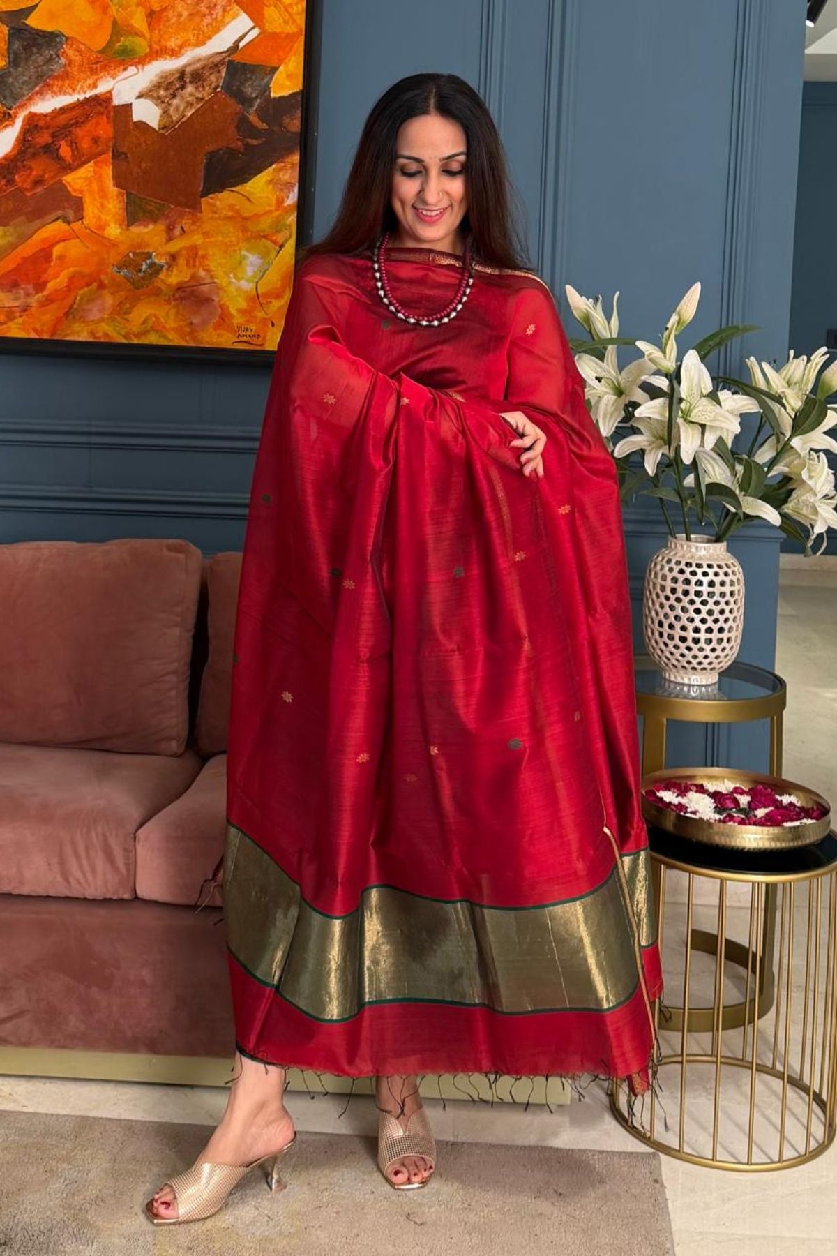 Maheshwari handloom silk by cotton kurta dupatta set